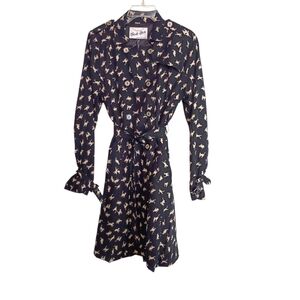 Frock Shop Trench Coat Women Med Black All Over Cat Print Lightweight Art Boho